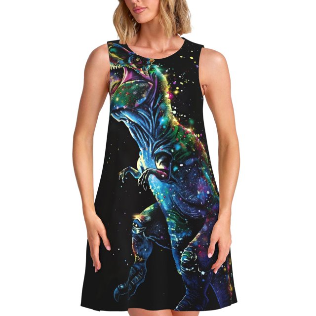 Easygdp colorful flames dinosaur para Vestido Transpirable de Mujer, Vestido Suelto de Manga Corta con Pliegues y Bolsillos para el Verano