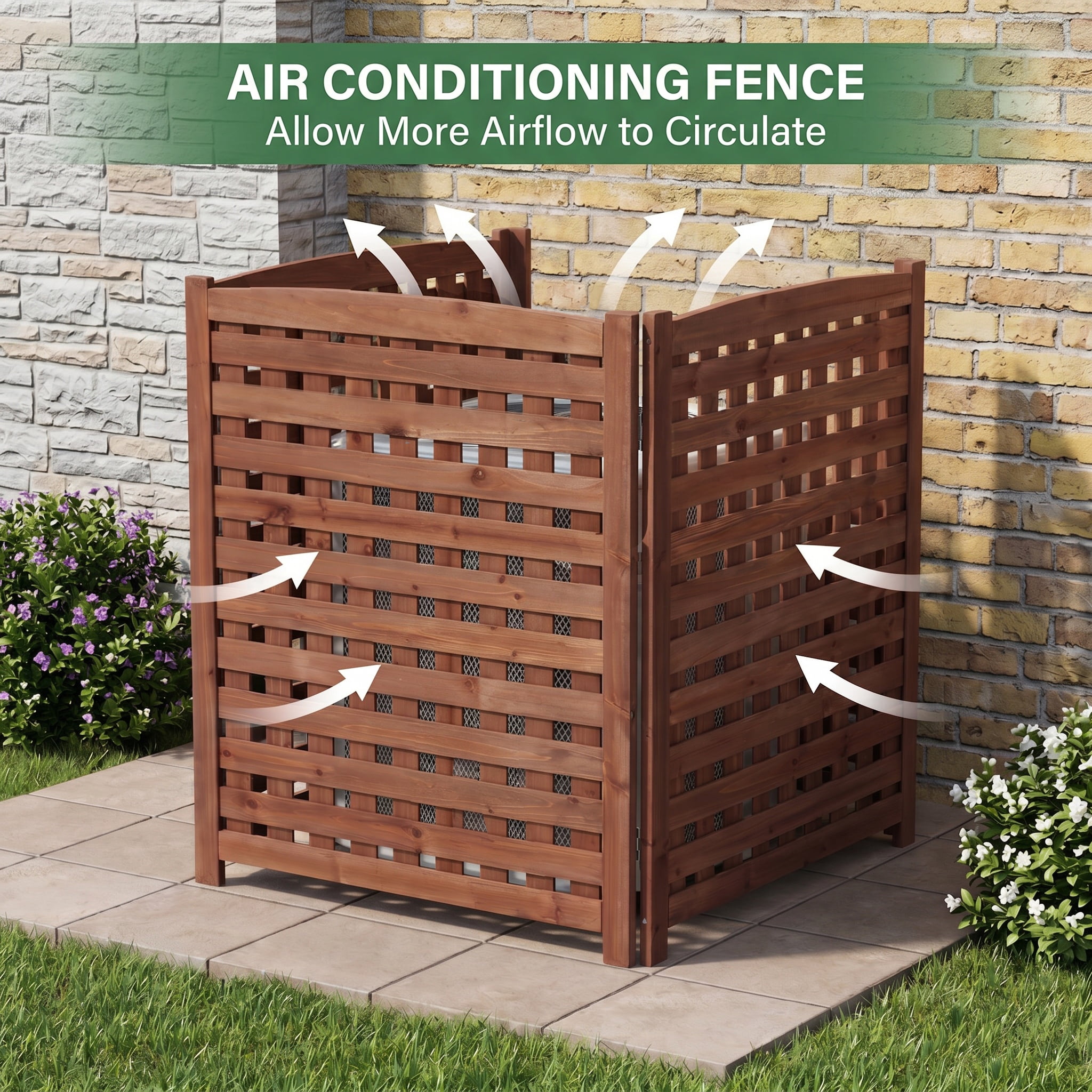 Outdoor Wood Privacy Fence 3-Panel 32W x 38H, Solid Wood Air Conditioner Screen with Slat Spacing for AC Unit Trash Can Pool Pump Enclosure, Brown