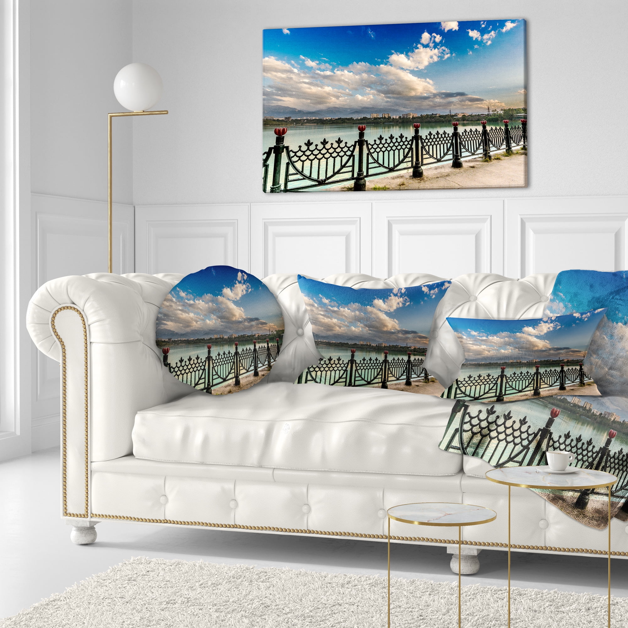 Designart City Lake Under Clouds - Cityscape Photography Throw Pillow - 12x20