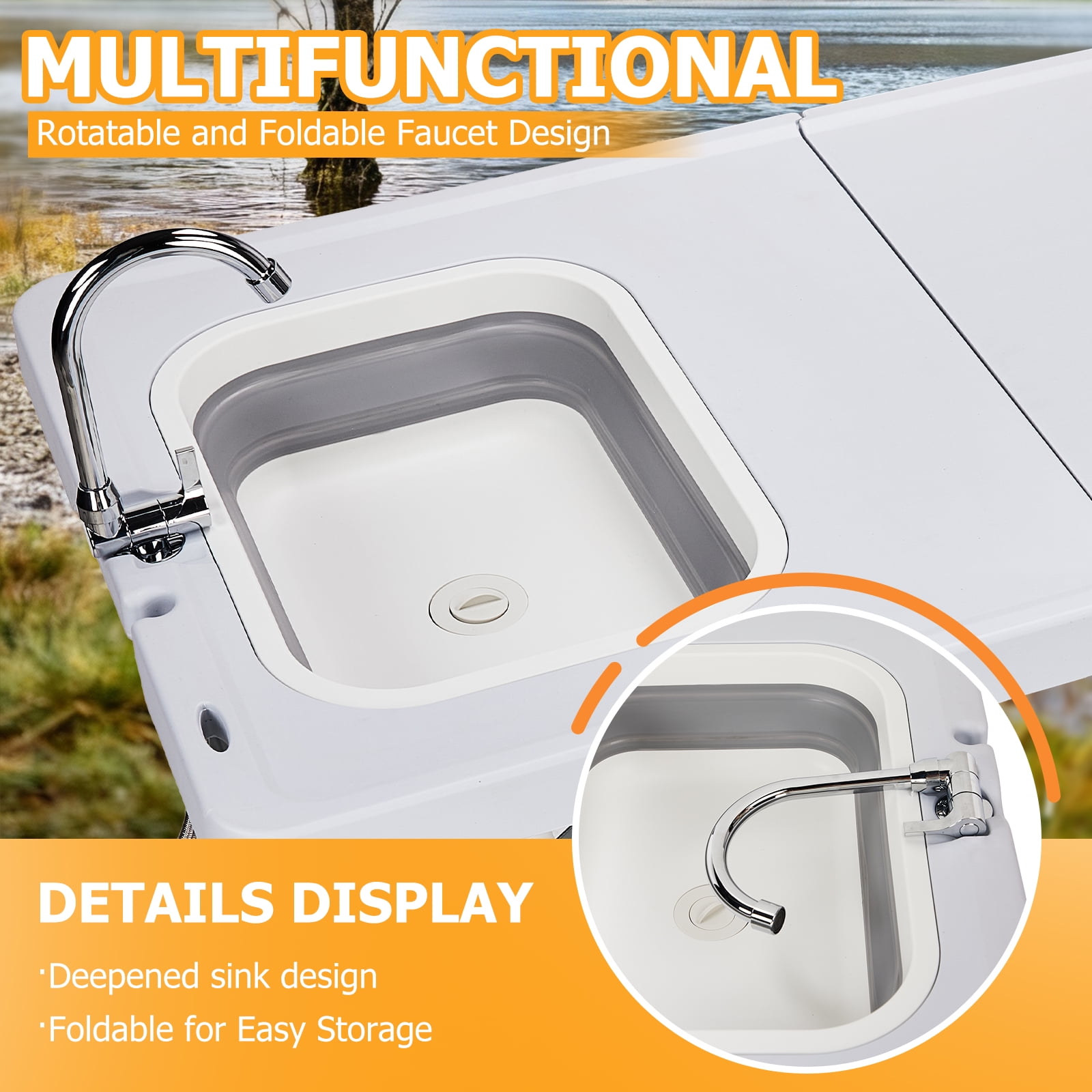 Folding Fish Cleaning Table, HDPE All-in-One Outdoor Sink Station, Heavy-Duty Stable Frame Portable Table with Faucet Trash Bin Storage Bag for Campsite Fishing Backyard Tailgate