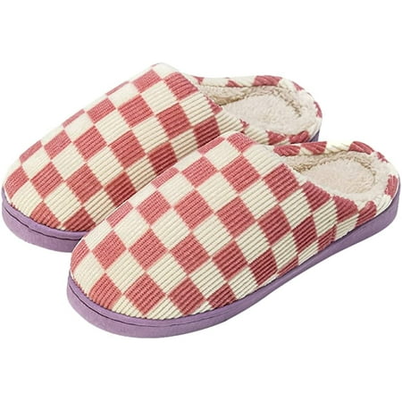

PIKADINGNIS Fashion Checkboard Check Fuzzy Slippers for Women Men Warm Fluffy Fur Plush Soft House Shoes Color Contrast Grid Anti-slip Indoor