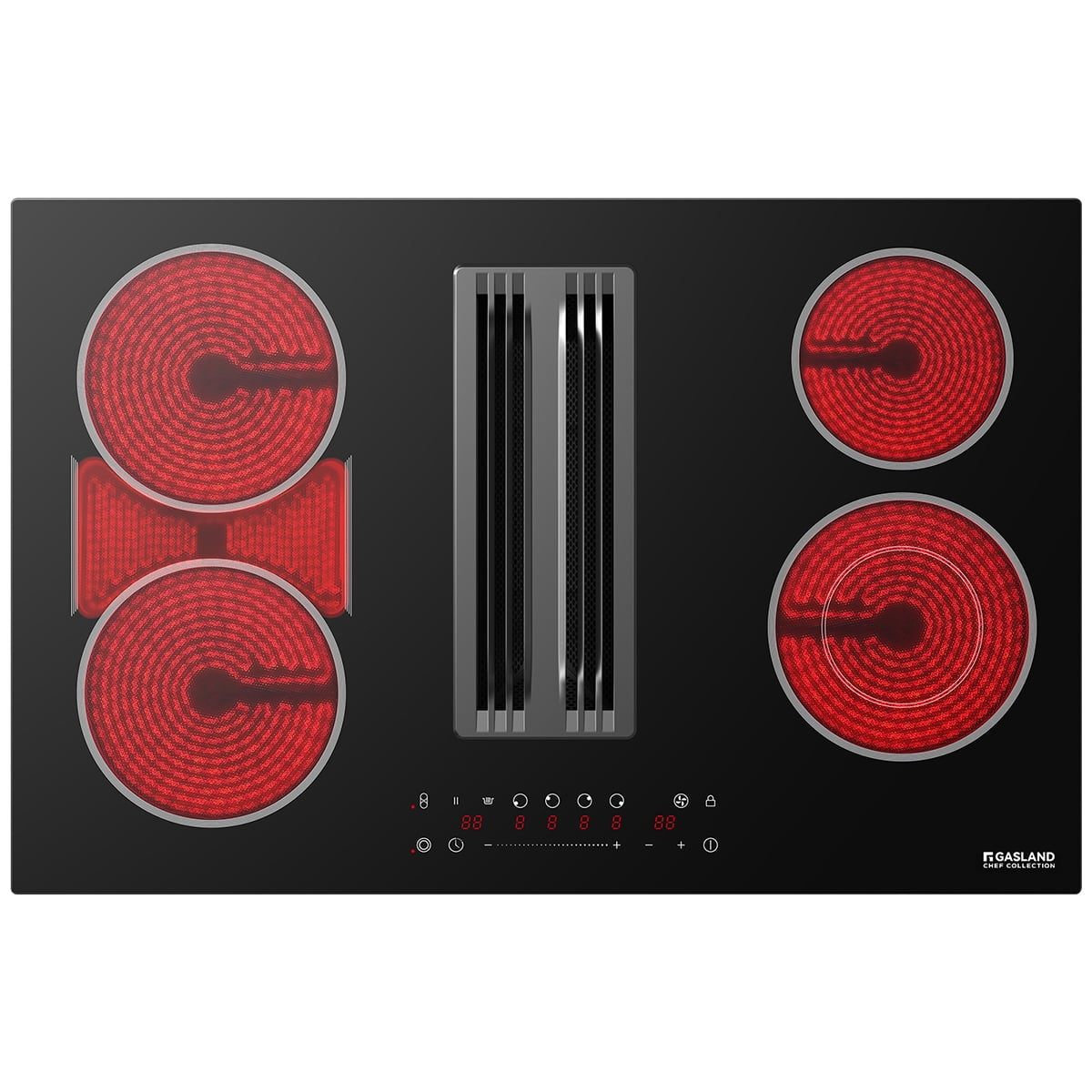GASLAND CHEF COLLECTION Electric Cooktop with Downdraft Vent 31.5 Inch, 4 Burners Glass Radiant Stovetop 220V, 3-speed Max. 330 CFM Downdraft Exhaust