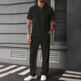 thumbnail image 5 of Men's Tracksuit 2 Piece Textured Casual Sweat Suits Set, Half Zip Short Sleeve Polo Sweatshirt Elastic Waist Loose Jogging Pants Set Summer Vacation Outfit Black, 5 of 8