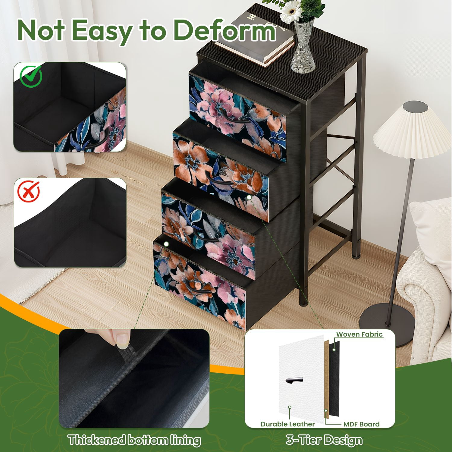4 Drawer Vertical Storage Dresser Watercolor spring floral bouquets Vintage botanical with Wood Top Fabric Pull Drawers