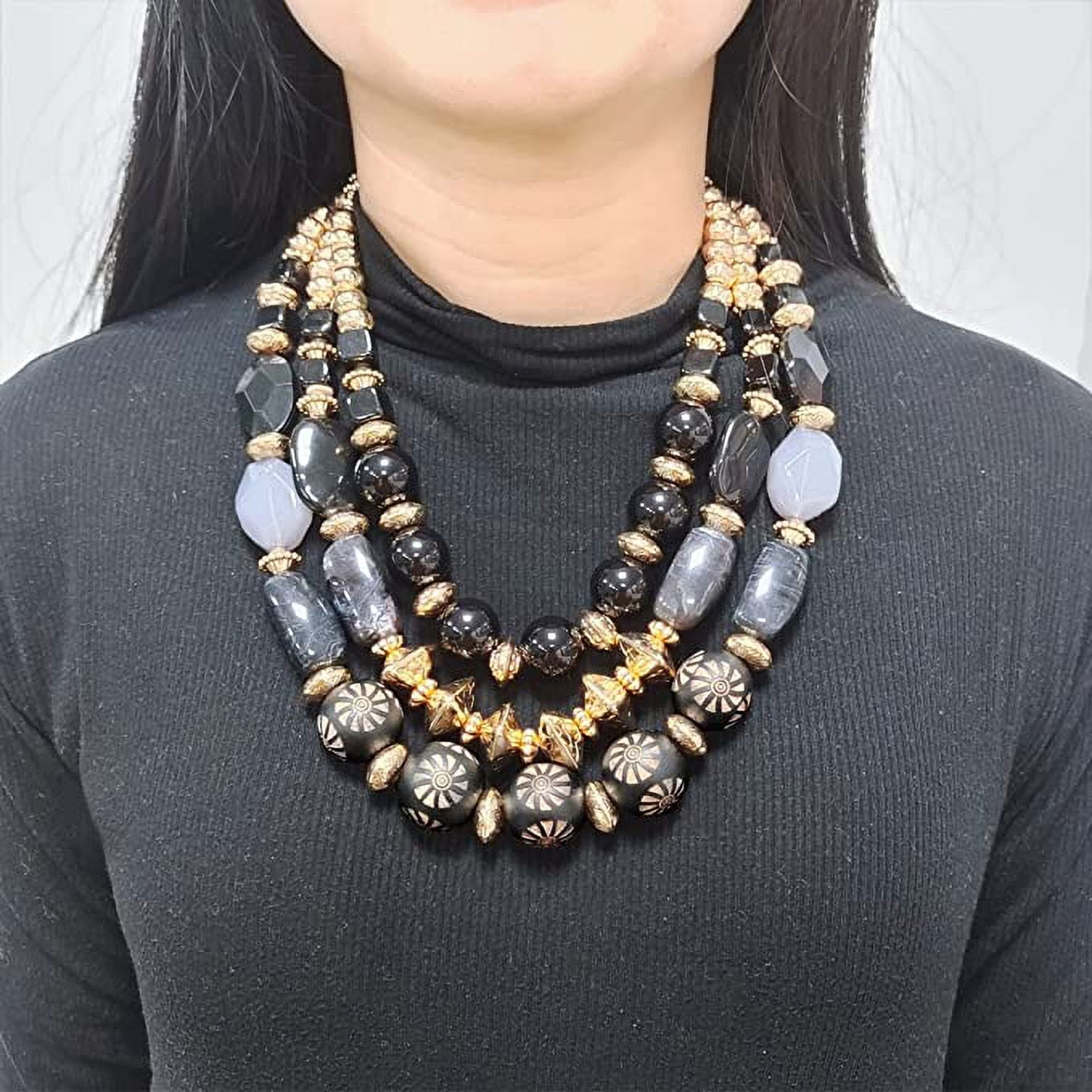 Collana Bocar Con Perline Multistrato - Design Statement Knot, Lunghezza 61 Cm, Verde Oliva E Argento