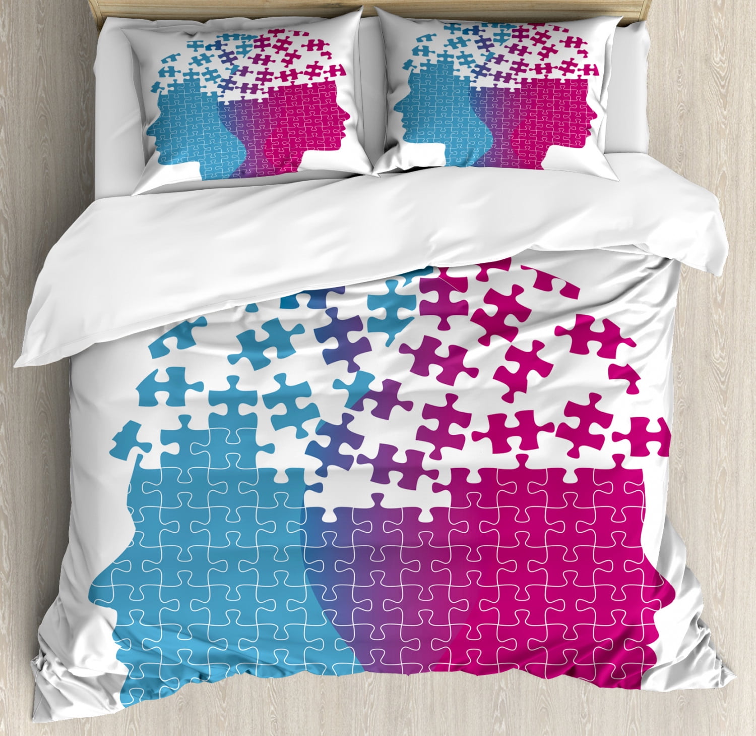 Puzzle Print Duvet Cover Set Queen Size, Abstract Jigsaw Couple