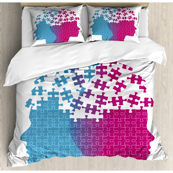 Puzzle Print Duvet Cover Set King Size, Abstract Jigsaw Couple Complexity and Psychology, Decorative 3 Piece Bedding Set with 2 Pillow Shams, Magenta Sea Blue, by Ambesonne