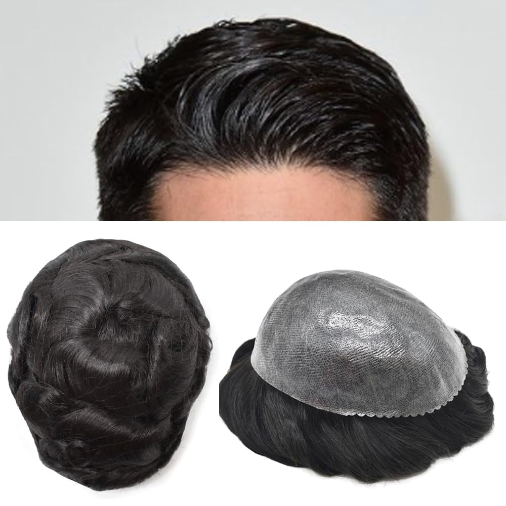 Toupee for Men Hairpiece Replacement System Male Prosthesis Full Poly Thin Soft Human Hair Piece 8X10 Injected PU Durable Skin Mens Wig #1B off Black