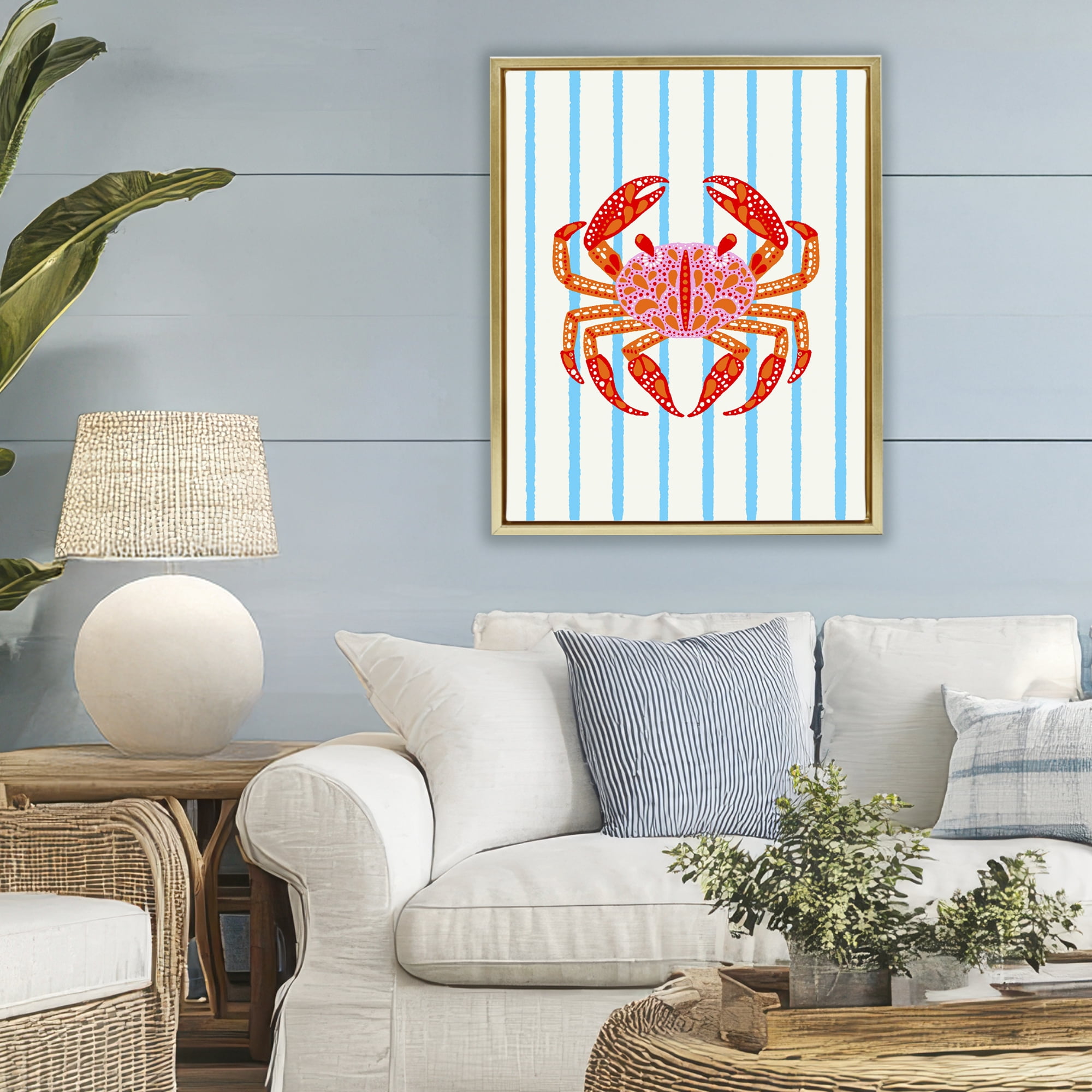 Stupell Industries Bright Crab on Stripes Gold Framed Floater Canvas Wall Art, design by Indira Prieto | IndySign