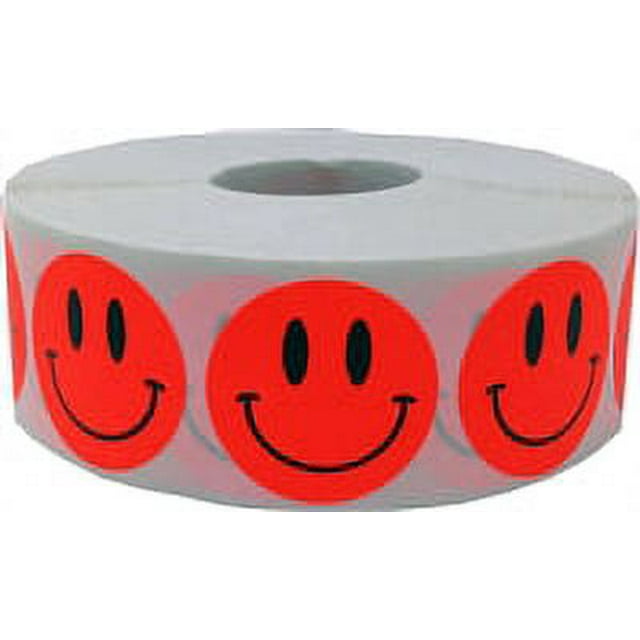 Fluorescent Red Happy Face Circle Stickers | 1" Inch Round | 500 Pack