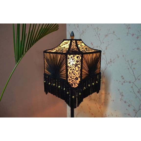 BespokeByNikita Victorian Square Gold Fringe Velvet & Chiffon Lamp Shade