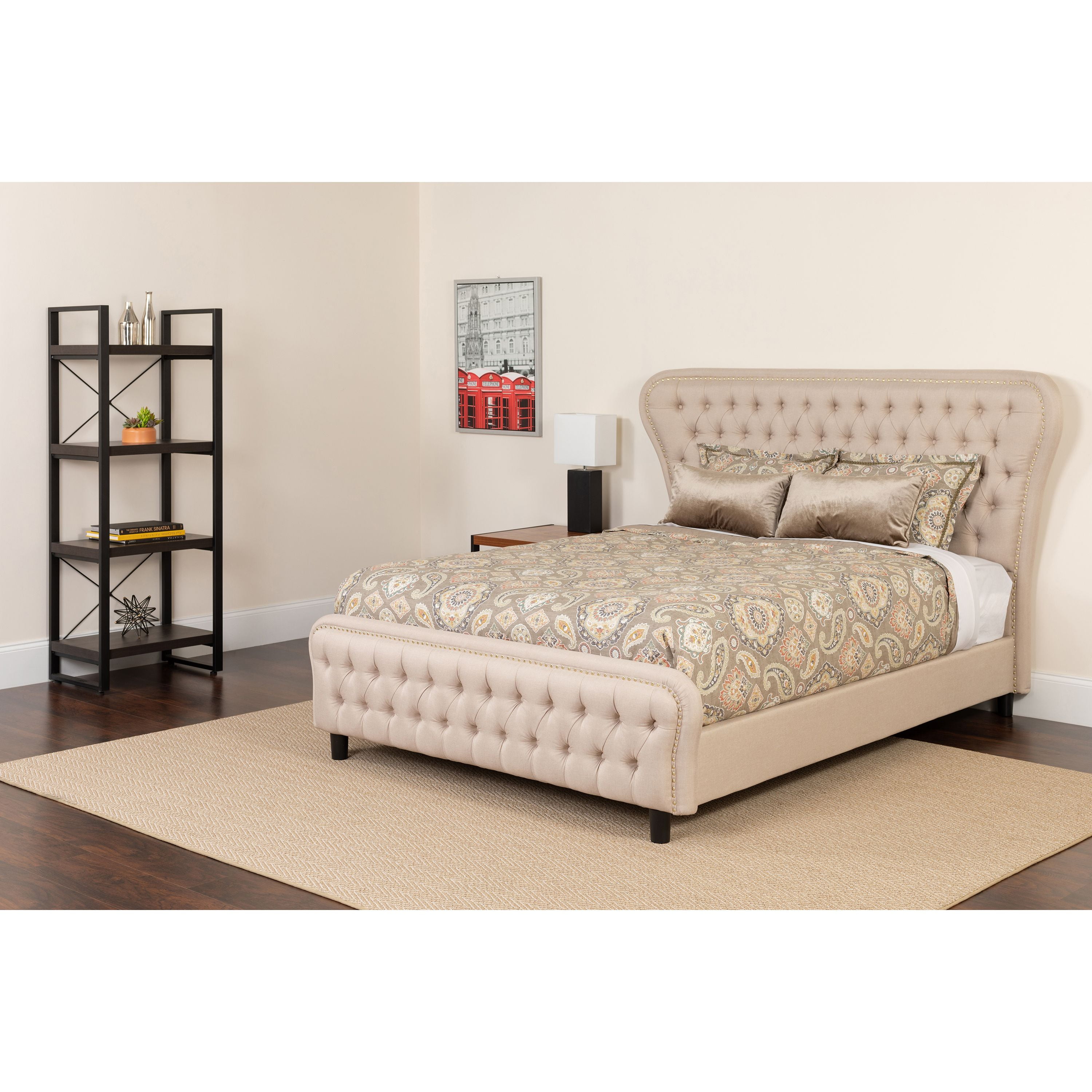 Flash Furniture Cartelana Tufted Upholstered King Size Platform Bed with Gold Accent Nail Trim ...