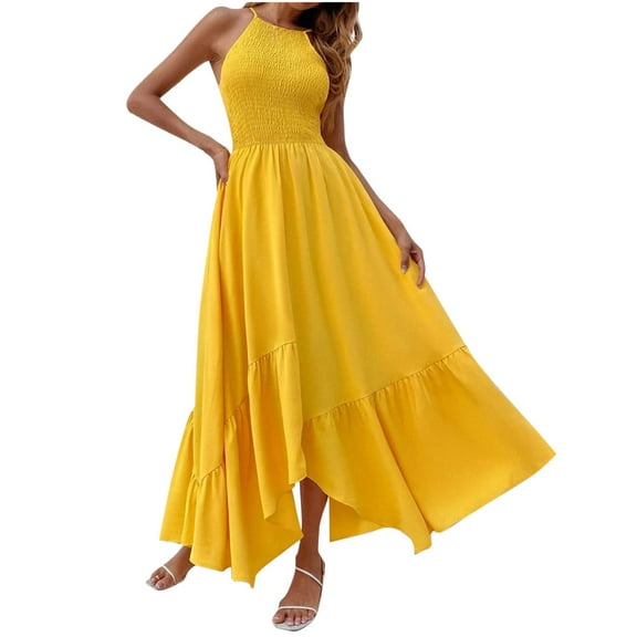 Antinious Womens Dresses for Party,Ladies Casual Beach Dress,Maxi Dresses for Women Solid Camis Sleeveless Round Neck Elasticity Flounce Dress,Yellow,M