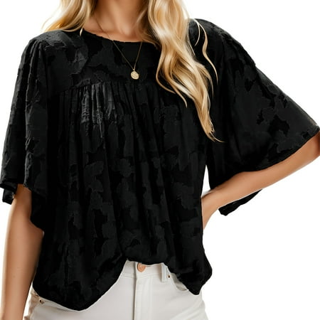 EASTHER Womens 3/4 Bell Sleeve Blouse Summer Crewneck Lace Tops Floral Textured Babydoll Shirts