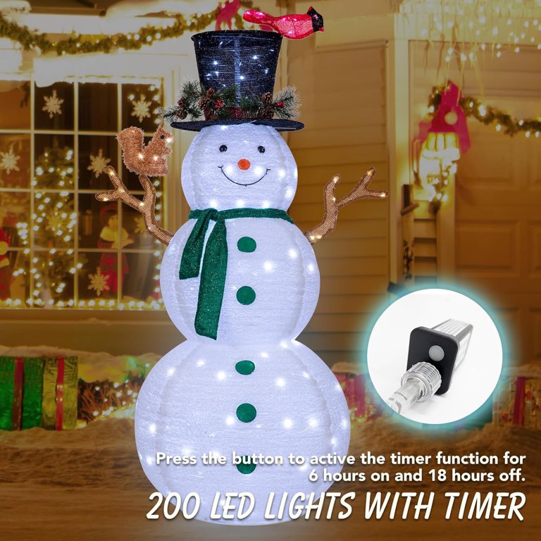 NALONE 6 FT Lighted Snowman With 200 LED Lights – Built-in Timer, Collapsible, Outdoor Christmas Decor, Includes Bird, Squirrel & Pinecone Picks – Perfect For Yard & Garden