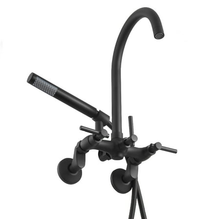 KFFKFF Wall-Mounted Clawfoot Tub Faucet with Handheld Shower, Vintage Matte Black Bathtub Filler Kit Featuring Adjustable Swing Arms & Rotating Gooseneck Spout for Bathtubs