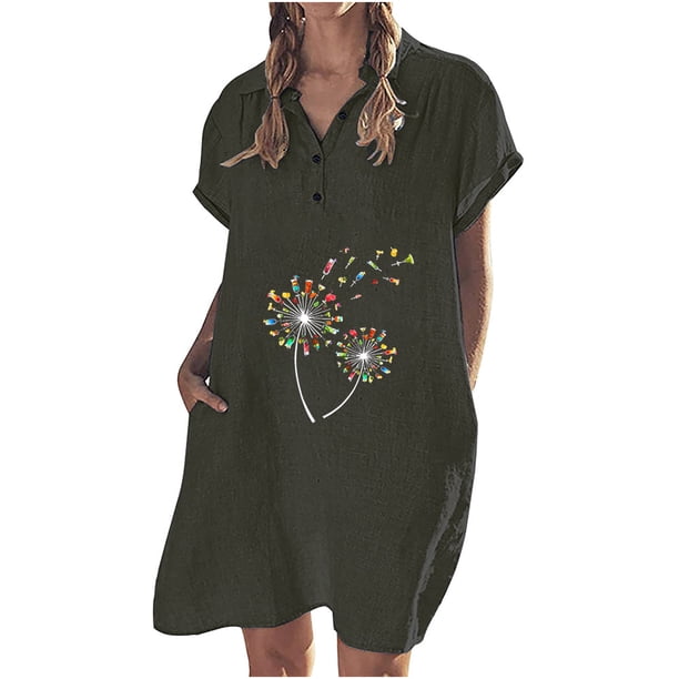 Vestido casual de color sólido con botones de solapa y manga corta de algodón y lino para mujer Pompotops ghjkhdj18615