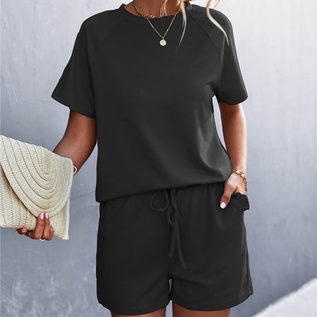 Ensemble de Survêtement pour Femmes zanvins 2 Pcs, Printemps et Été, Uni, Col Rond, Volants, Manches Courtes, Shorts, Tenue Décontractée