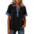 thumbnail image 5 of Denim Collared Shirt Women Short Sleeve Patchwork Denim Button Casual Shirts Business Casual Work Tops Summer Outfits Dark Gray XL, 5 of 5
