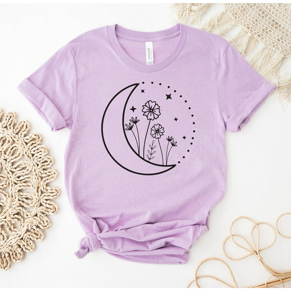 Floral Moon T-shirt Plant Lovers Shirt Wild Flower Top Birthday Tee Cute Gift Space T-shirts Gardening Botanical Lover Outdoor Summer Camping Nature Women's