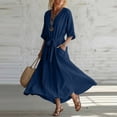 thumbnail image 5 of Smsaxvxz Women's Summer Dresses Fashion Solid V Neck 3/4 Sleeve Tie Knot Waist Maxi Dress with Pockets Casual Loose Beach Sundress Navy S, 5 of 7