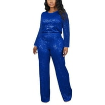 Miqool Women's 2 Piece Sparkly Sequin Outfits Long Sleeve Crewneck Sequin Tops & High Waisted Wide Leg Baggy Pants Set Rave Party Outfits Clubwear