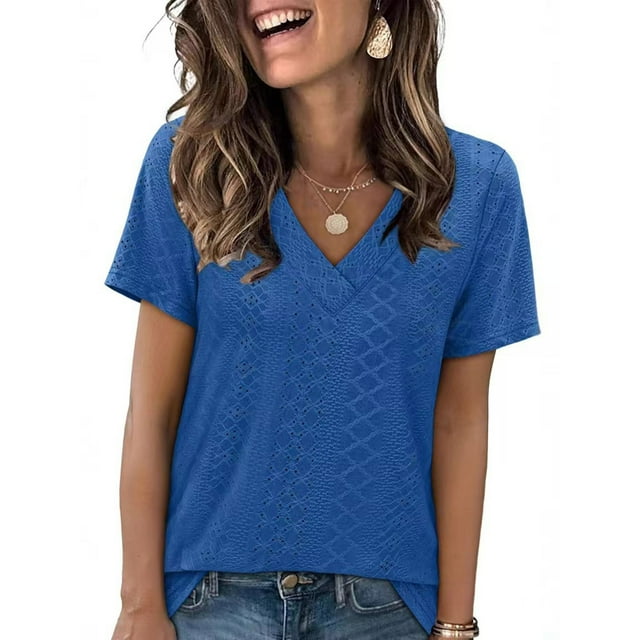 Admvng Hauts pour Femmes Tendance Été Col en V Manches Courtes Décontracté Haut Blouse P-2TG