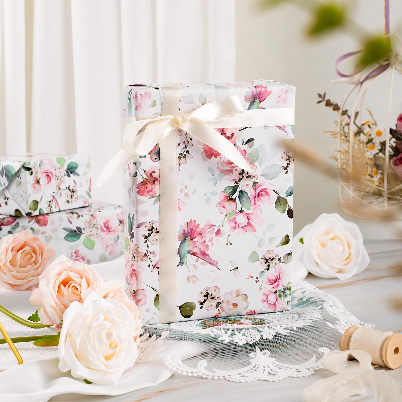 HOMERAL Floral Gift Wrapping Paper Roll - 17in x 33ft photo 3