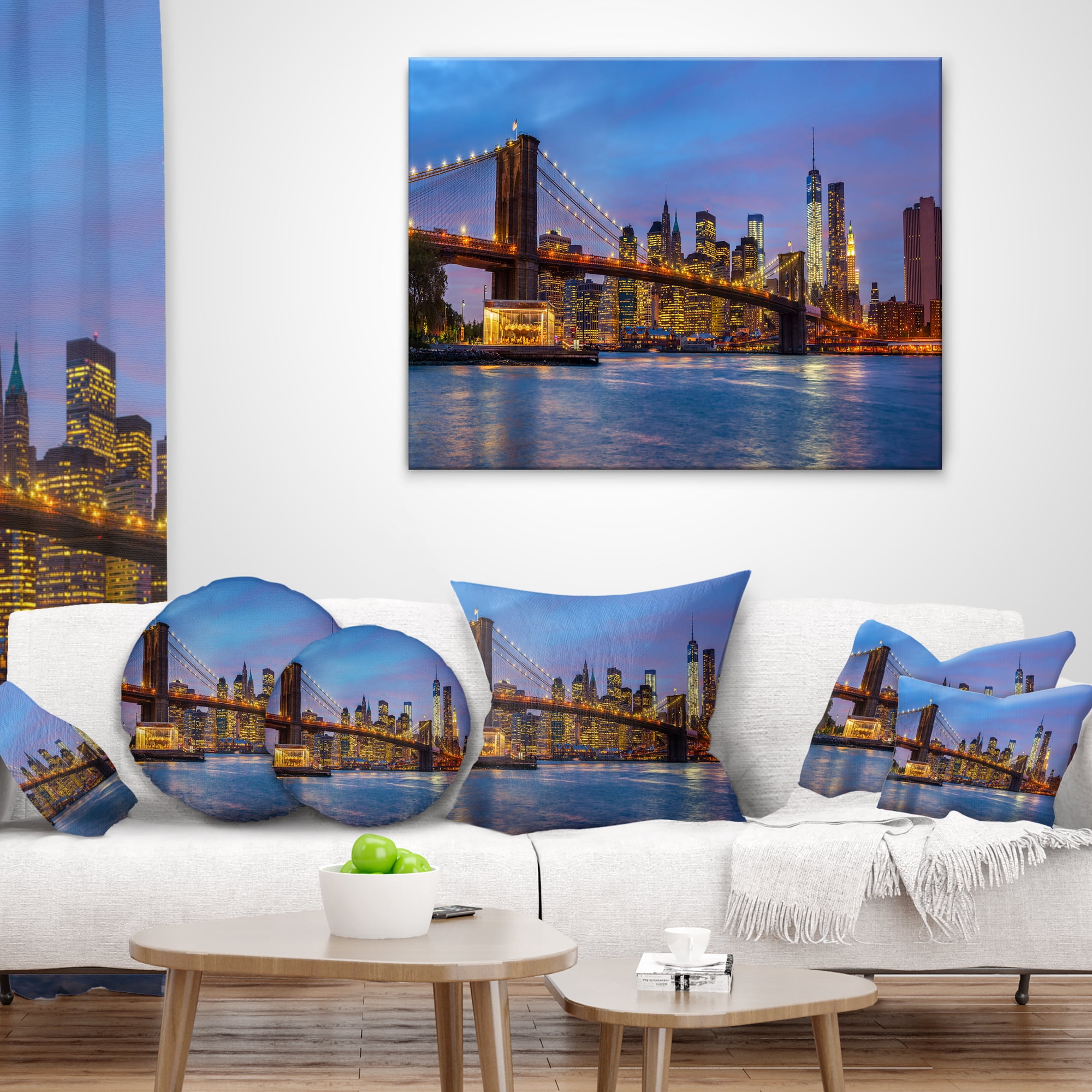 Designart Brooklyn Bridge with Lights and Reflections - Cityscape Throw Pillow - 18x18