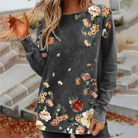 

Rash Guard for Women Sun Protection Shirts for Women Printed Crew Neck Fashionable Workout Tops for Women Long Sleeve Women Grey L