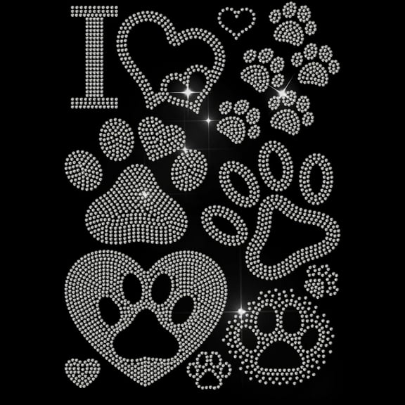 1Sheet Dog Paw Prints Rhinestone Iron on Hotfix Love Cat Paw Prints Heat Transfer Decal Letter I Heart Shape Bling Rhinestone Decals for T-Shirt Hat Jacket Clothing DIY Accessory