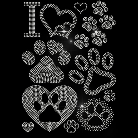 Dog Paw Prints Rhinestone Iron on Hotfix Love Cat Paw Prints Heat Transfer Decal Letter I Heart Shape Bling Rhinestone Decals for T-Shirt Hat Jacket Clothing DIY Accessory