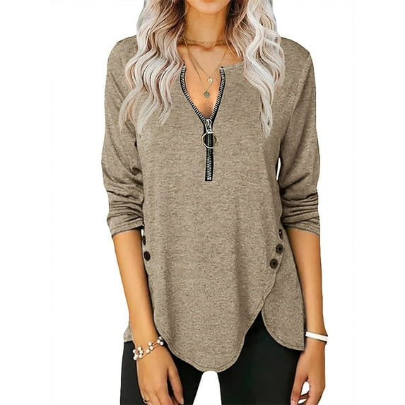 Langwyqu Long Sleeve Irregular Hem Women Side Button Zipper Tops Shirt