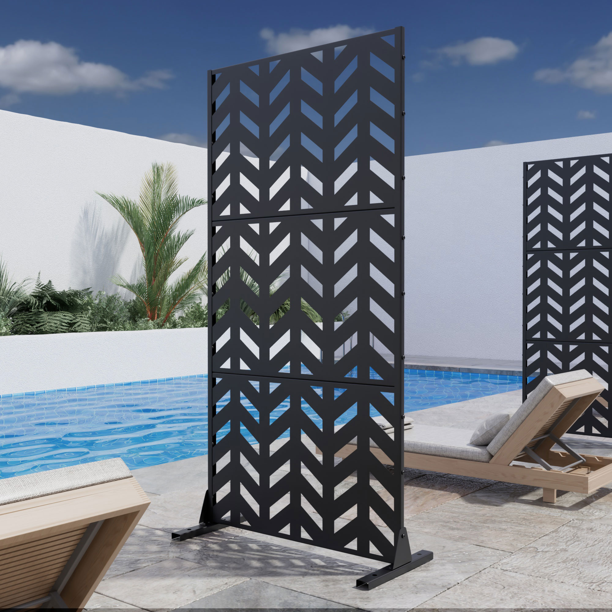 MAYEERTY 72×35" Outdoor Black Metal Privacy Panel Screen for Backyard & Garden, Fishbone Pattern