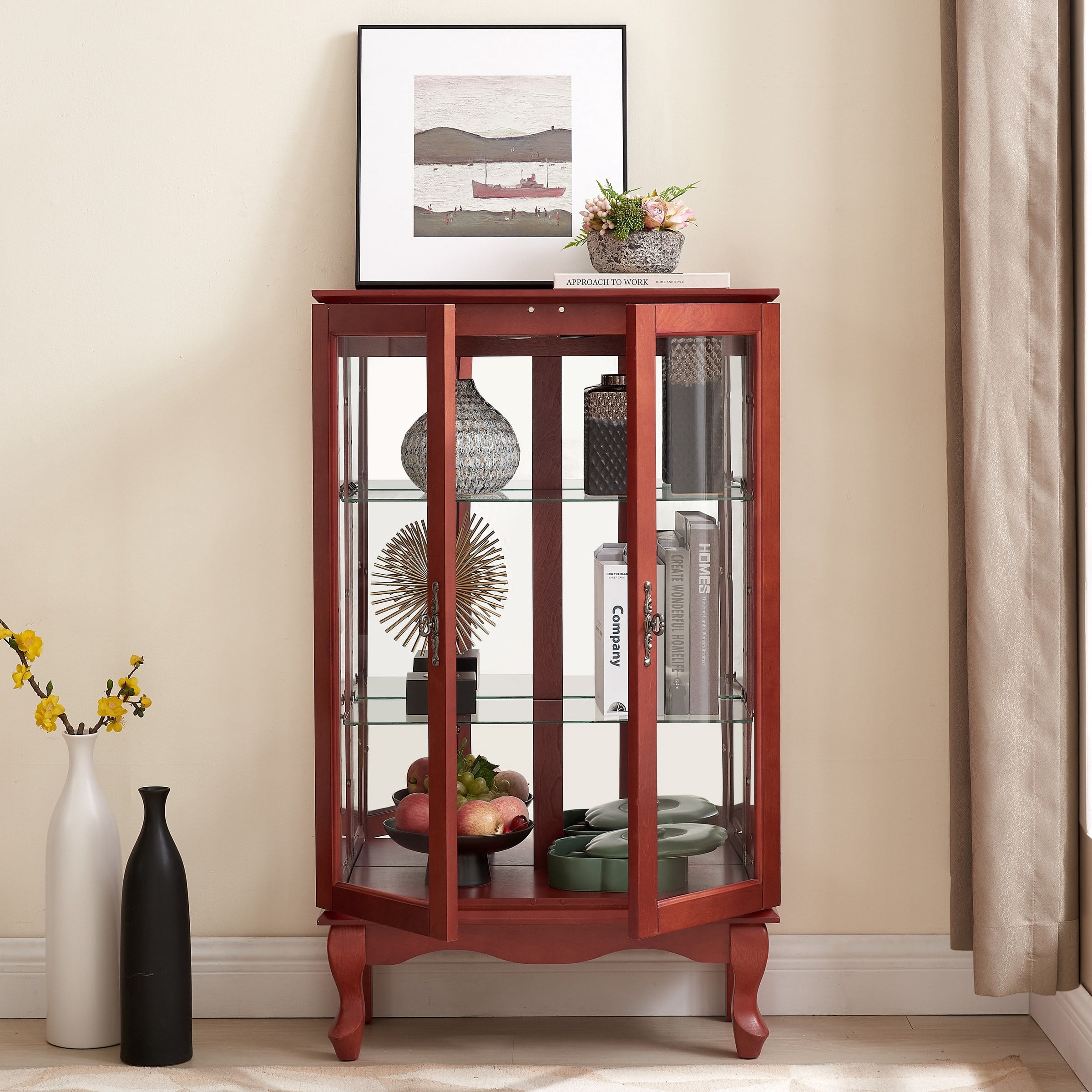 2-Door Curio Cabinet with Tempered Glass Doors, Mirrored Back Panel, Adjustable Shelves, Lighted Display Cabinet, Cherry