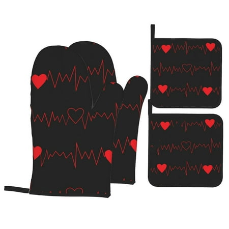 

Oven Mitts and Pot Holders Sets 4 pcs Cardiogram and Heart Non-Slip Oven Gloves Potholders Soft Quilted Lining Heat Resistant Gloves Hot Pads for Kitchen Cooking Baking