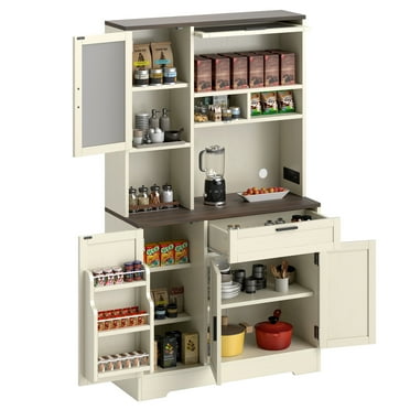 Craftian 68" Tall Kitchen Pantry Cabinet with Microwave Stand & Power Outlet, Storage Cabinet with Adjustable Shelves & Drawers, Freestanding Kitchen Cupboard with Door for Dining Room, Walnut