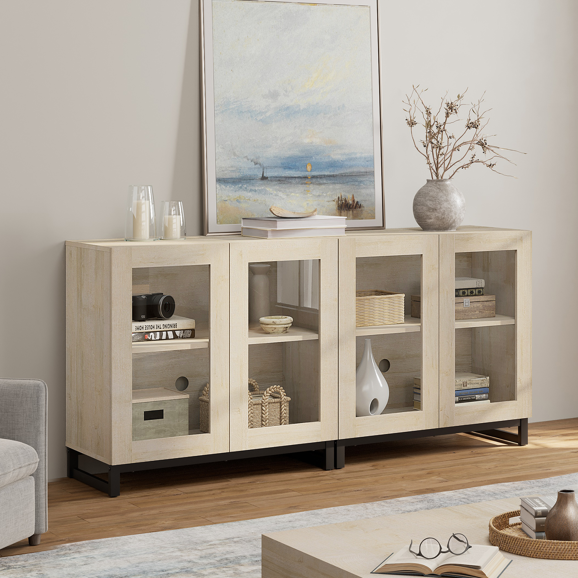 WAMPAT 2 in 1 Multifunctional Sideboard Buffet Cabinets with 4 Glass Doors, Modern Sideboard Credenza with Adjustable Shelf, Coffee Bar Storage Cabinet for Living Room, Kitchen, Beige