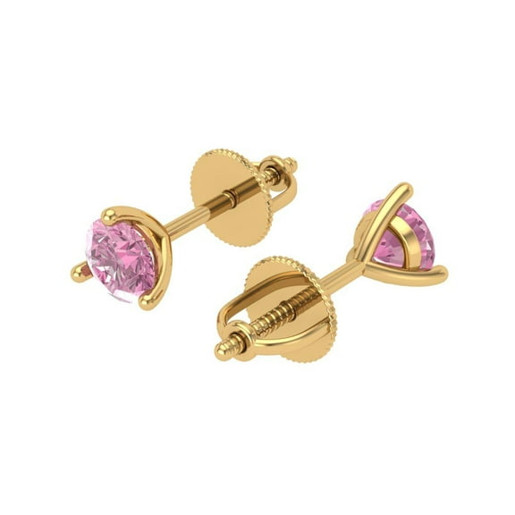 1 Ct Round Cut Studs Pink Crystal 18K Yellow Solid Gold Everyday Dainty Earrings Screw Back
