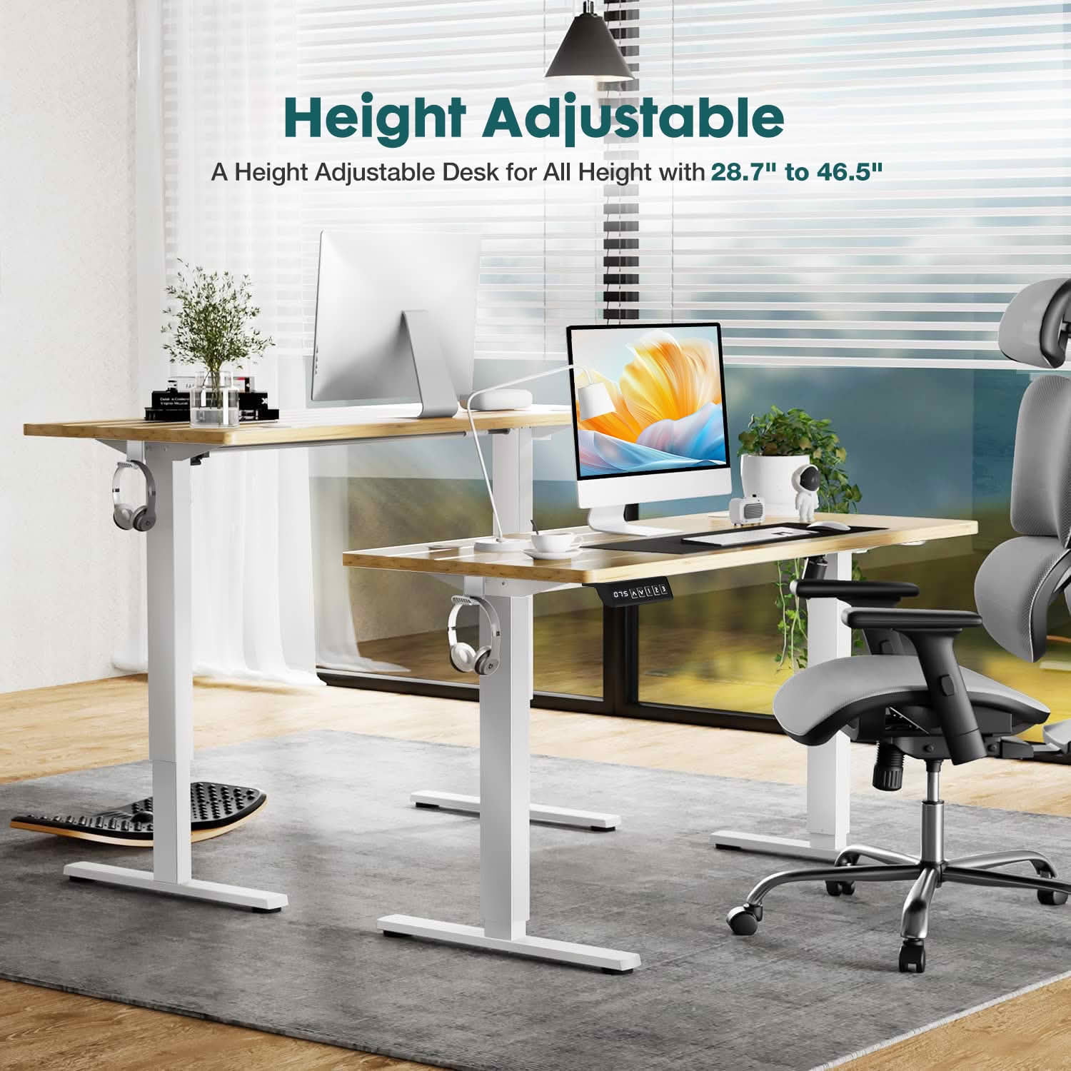 MAYEERTY 63x24 Electric Height Adjustable Standing Desk, Splice Board 2 Hooks Wire Hole, Home Office Computer Table, Oak