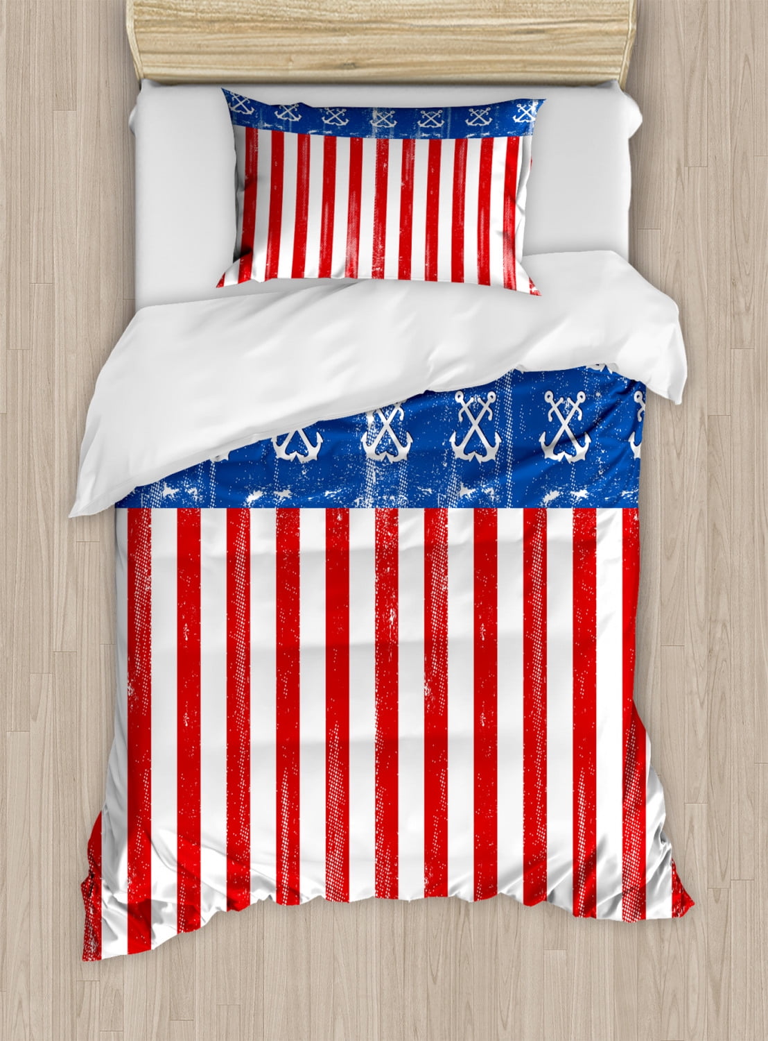 Americana Duvet Cover Set Twin Size, Patriotic Old Glory Design with