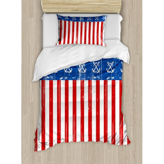 Americana Duvet Cover Set Twin Size, Patriotic Old Glory Design with Anchors and Warm Vertical Stripes, Decorative 2 Piece Bedding Set with 1 Pillow Sham, Vermilion Blue and White, by Ambesonne