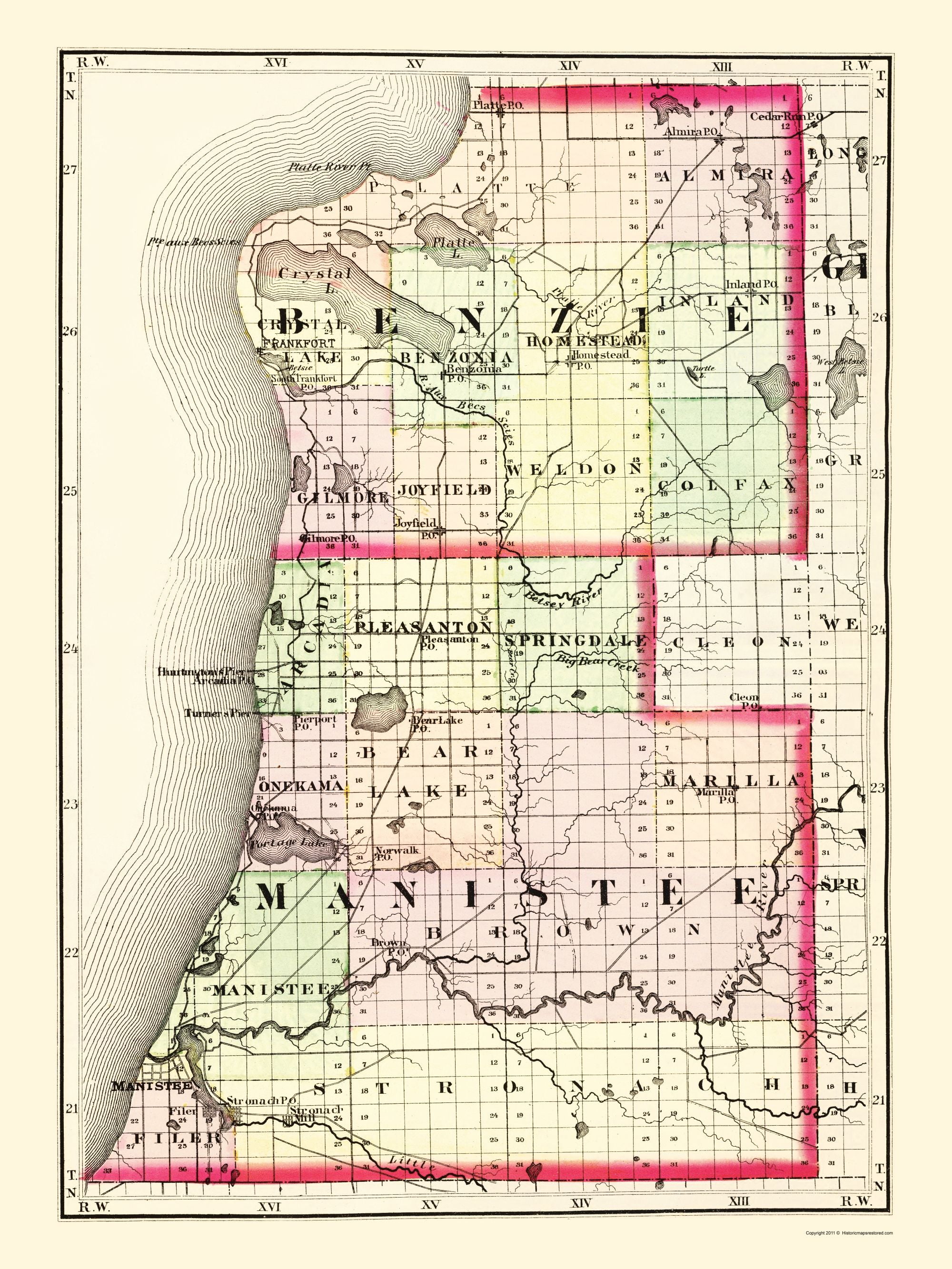 Benzie Manistee Counteis Michigan Walling 1873 23.00 x 30.64