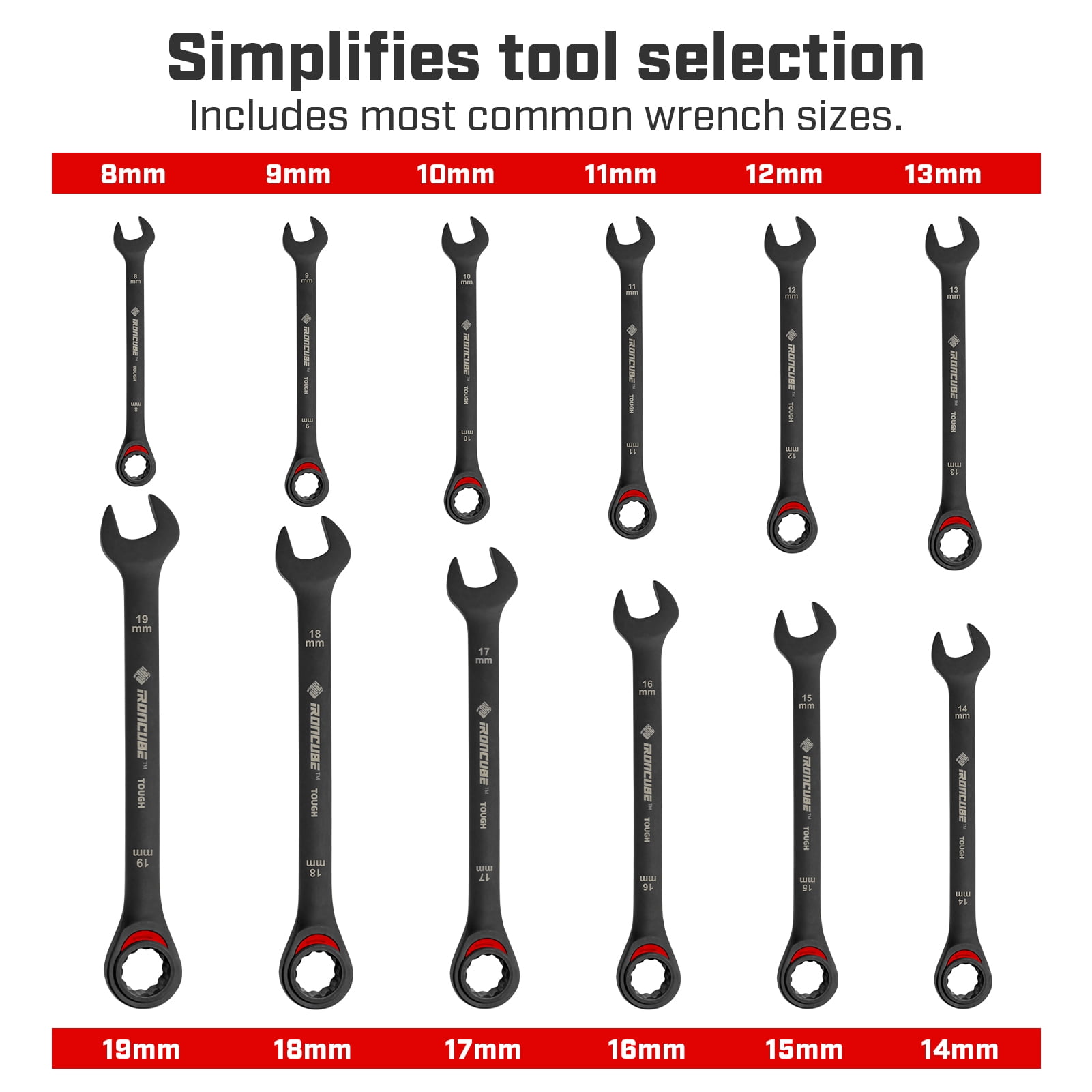 IRONCUBE 12-Piece Ratcheting Wrench Set: Metric  8mm to 19mm - 72-Tooth - Tough Black - Chrome Vanadium Steel - with Organizer
