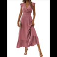 thumbnail image 1 of Vestido de Verano para Mujer, Elegante, con Escote en V, Volantes, Mangas Sueltas, Cintura Plisada, para Invitada de Boda. Rosa XXL, 1 of 8