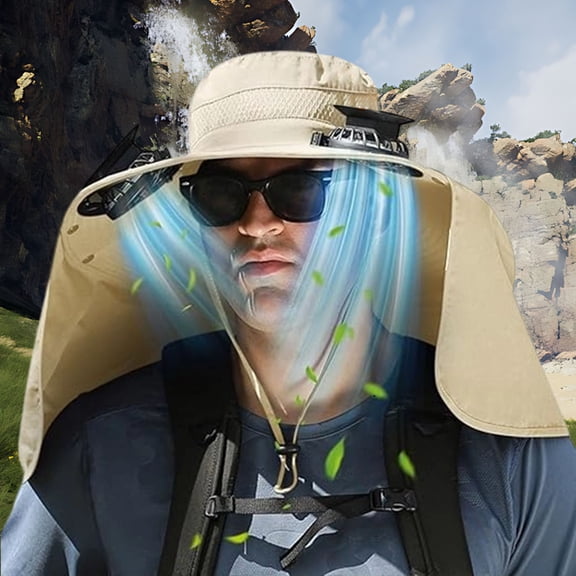 COM1950s Rechargeable Fan Hat, Wide Brim Solar Powered Cooling Hat with 2 Clip Fans for Outdoor Fishing Gardening Hiking