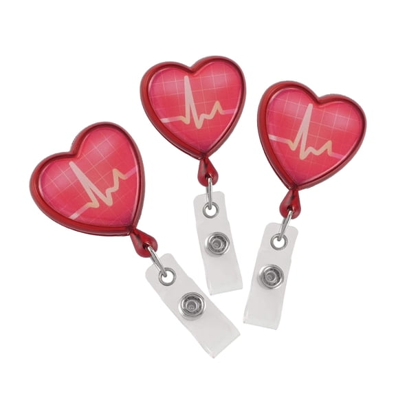 Specialist ID - 3 Pack of Heart Shaped EKG Cardiac Badge Reels with Alligator Swivel Clip on Back - Premium Retractable Badge Lanyards for Nurses and More (Red)