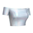 thumbnail image 2 of FYMNSI Women's Sexy Shiny Metallic Off Shoulder Crop Tube Top Strapless Holographic Tops Clubwear L o-Shiny Sliver, 2 of 4