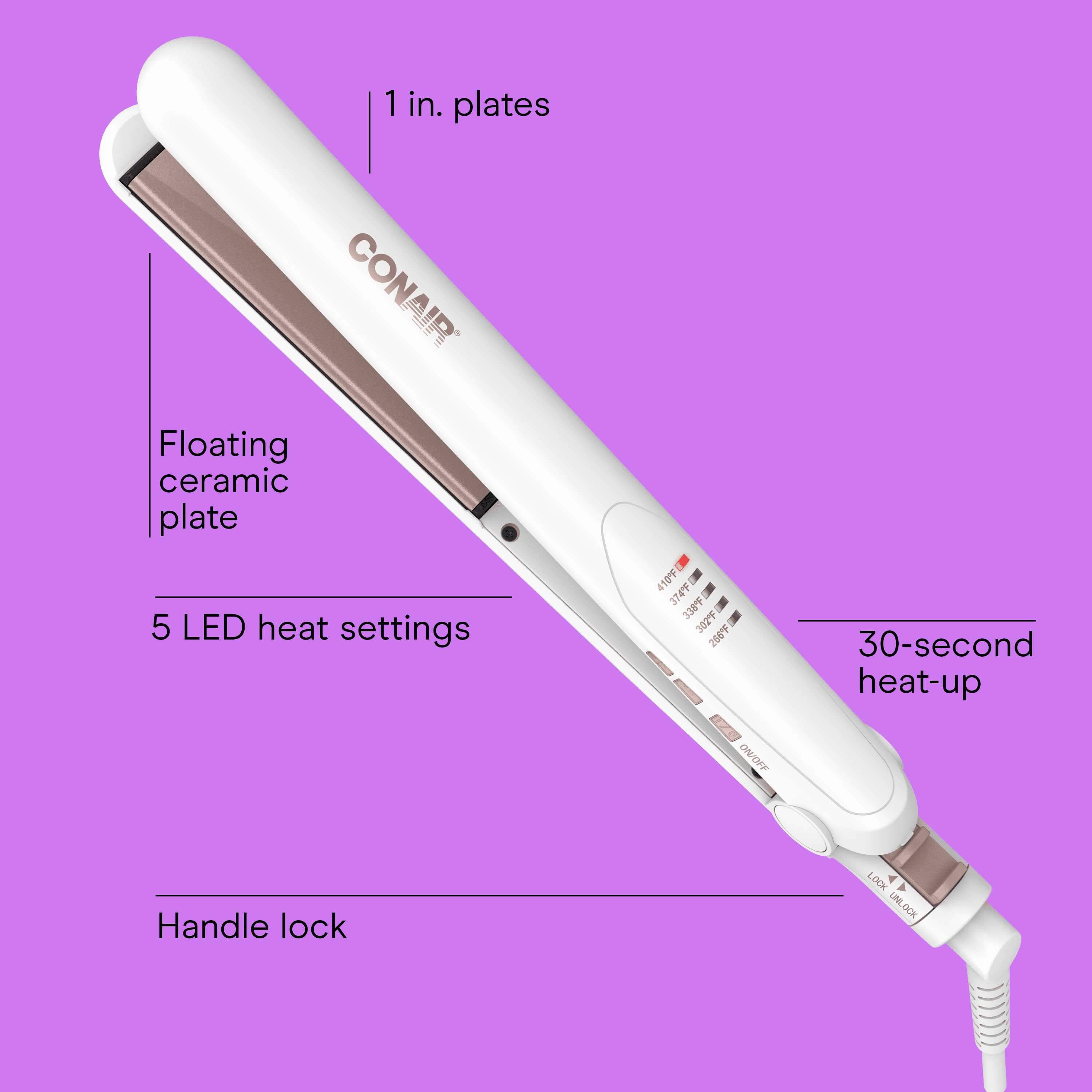 Conair Double Ceramic 1" Flat Iron Hair Straightener, 5 Heat Settings