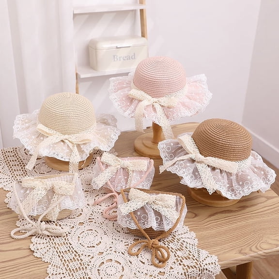 Girls Summer Hat Bag Set Wide Brim Hat Sun Beach Hats with Shoulder Bag